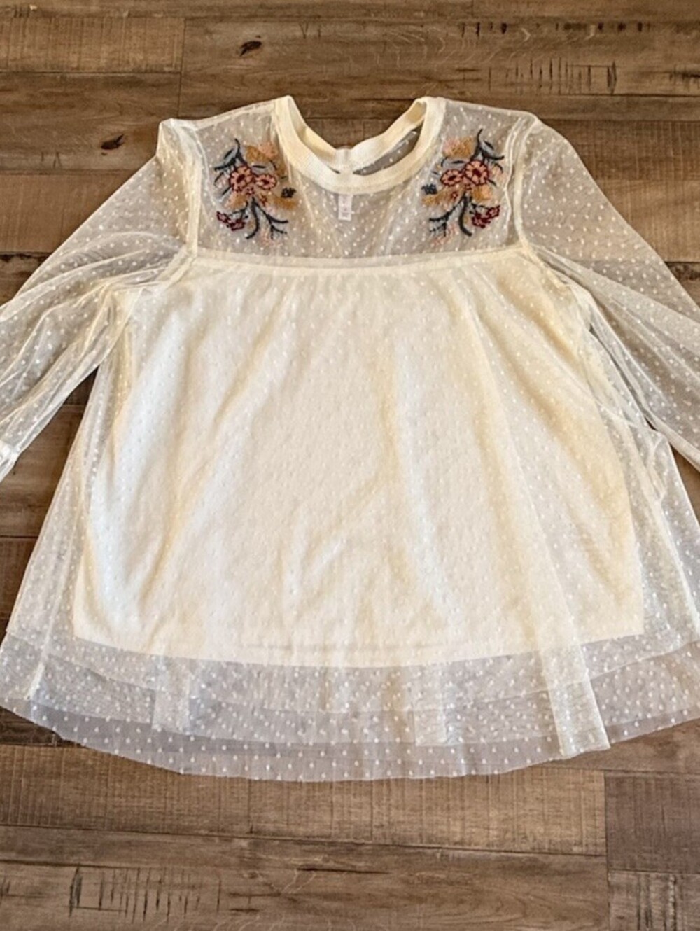 Xhilaration Sz S Long Sleeve Sheer Ivory Top Embroidered Floral Layer Coachella
